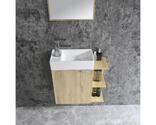 Waschtischkombination mit Waschbecken, Armatur und offenem Regal