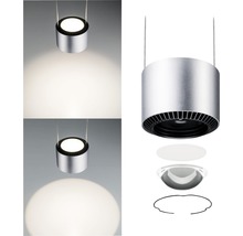 Hängelampe aus Metall mit Lichtkegel und Detailansicht der Komponenten