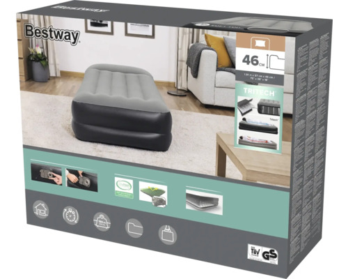 Bestway Luftbett Verpackung mit Produktbild, technischen Details und Logos
