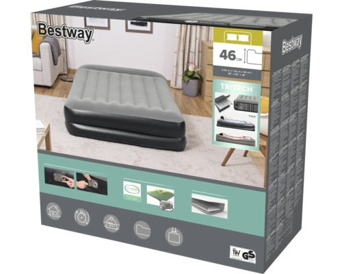 Verpackung einer Bestway Luftmatratze mit den Maßen 2,03 Meter mal 1,52 Meter mal 46 Zentimeter