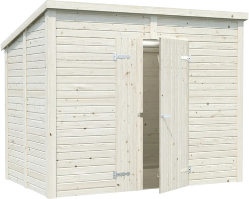 Gartenhaus aus Holz mit Doppeltür, teilweise geöffnet