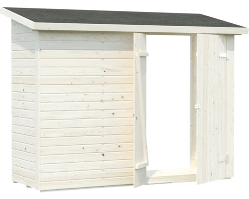 Holzgartenhaus mit geöffneter Tür