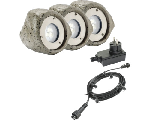 Strahler/Spot/Fluter Season Lights INVORIO 1,8 W warmweiß 1-flammig IP 44 grau Drei Gartenleuchten in Steinoptik mit Anschlusskabel und Stecker