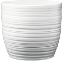 Weißer Übertopf mit horizontaler Rillenstruktur.