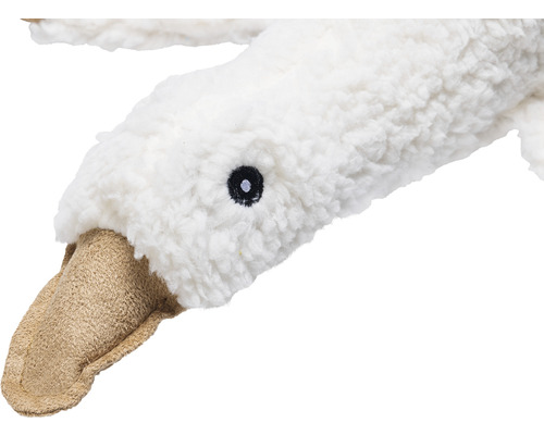 Nahaufnahme eines Plüschtiers in Form einer Gans mit einem Schnabel.