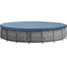 Abgedeckter runder Pool mit Holzverkleidung und Metallrahmen