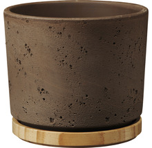 Blumentopf aus Steinzeug mit Holzuntersetzer