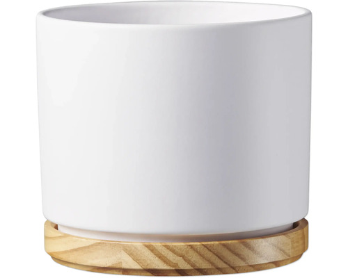 Blumentopf Soendgen Oslo Keramik Holz matt Ø 13 cm H 12 cm weiß Blumentopf aus Keramik mit Holzuntersetzer