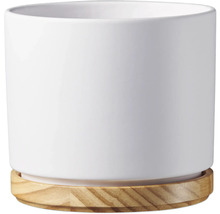 Weißer Keramikblumentopf mit Holzuntersetzer