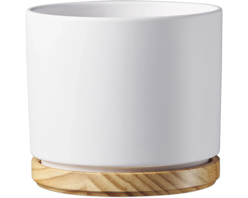 Weißer Keramikblumentopf mit Holzuntersetzer