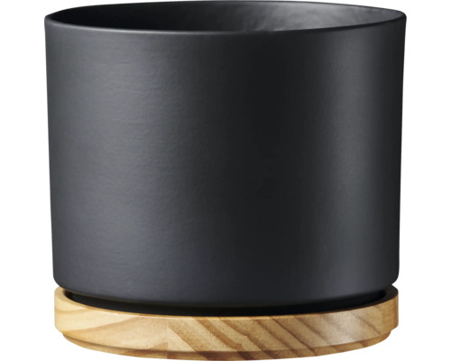 Schwarzer Pflanztopf aus Keramik mit Holzuntersetzer