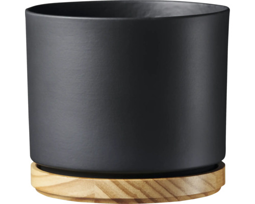 Schwarzer Blumentopf aus Keramik mit Holzuntersetzer