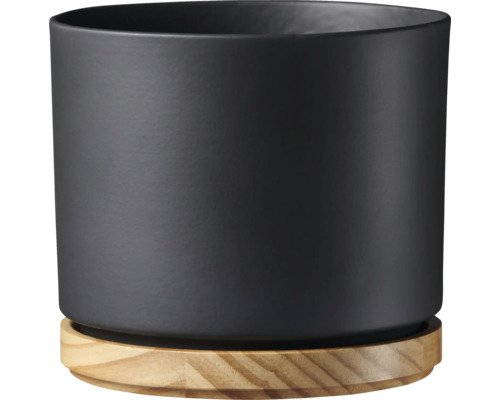 Schwarzer Pflanzentopf aus Keramik mit Holzuntersetzer