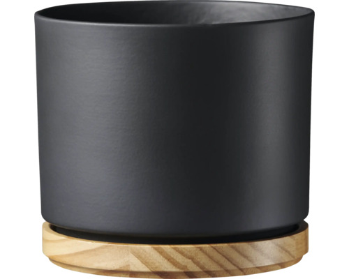 Schwarzer Pflanztopf mit Holzuntersetzer