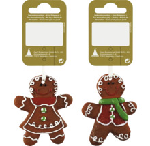 Lebkuchenmann und Lebkuchenfrau Weihnachtsbaumschmuck auf braunem Karton