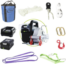 Tragbare Seilwinde mit Zubehör wie Seil, Haken, Karabiner, Batterien und Ladegerät