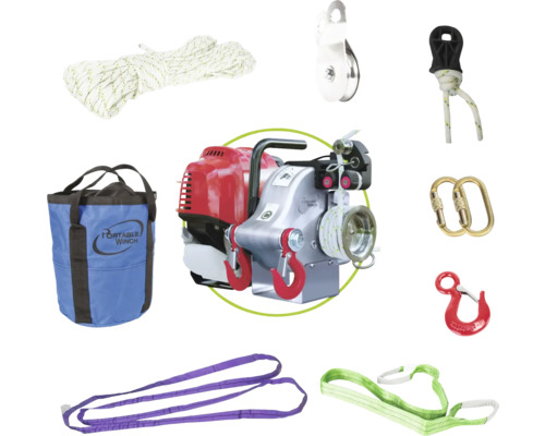 Seilwinde mit Zubehör: Seil, Seiltasche, Umlenkrolle, Haken und Schlingen