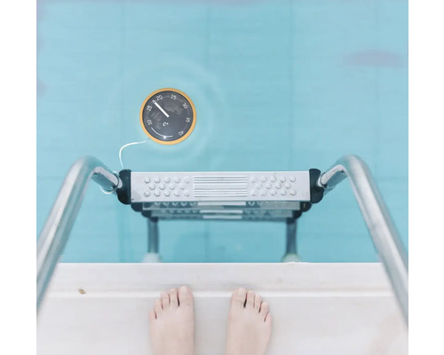 Poolszene mit Poolthermometer, Leiter und Füßen