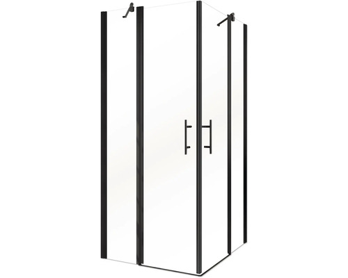 Eckdusche mit Tür und schwarzem Rahmen