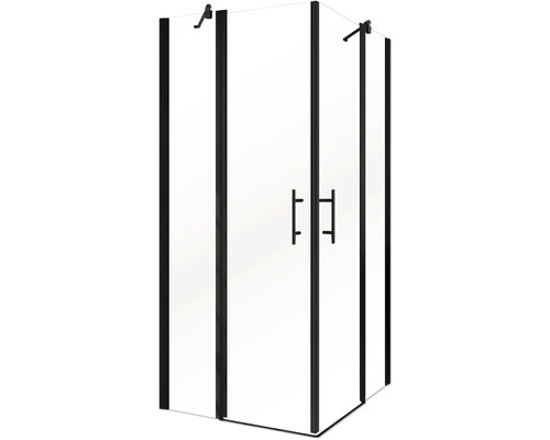 Eckdusche mit schwarzen Rahmen und Griffen