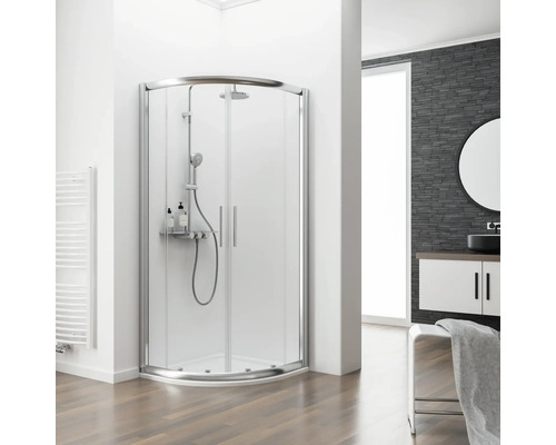 Runddusche mit Schiebetür Schulte ExpressPlus Kristall/Trend Radius 550 mm 800x800x1850 mm Echtglas Klar hell chromoptik mit schmutzabweisender Glasbeschichtung Badezimmer mit Duschkabine, Waschtisch und Spiegel