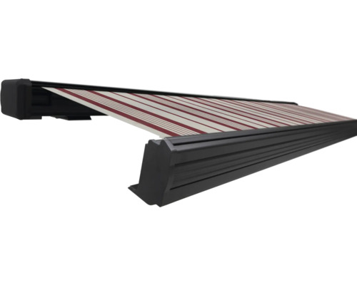 SOLUNA Kassettenmarkise Exquisit 4x3 Stoff Dessin 7838 Gestell DB703 dunkelgrau Antrieb links inkl. Motor und Wandschalter Markise mit gestreiftem Stoff