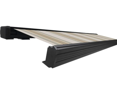 SOLUNA Kassettenmarkise Exquisit 5x2 Stoff Dessin 6287 Gestell DB703 dunkelgrau Antrieb links inkl. Motor und Wandschalter Markise mit gestreiftem Stoff
