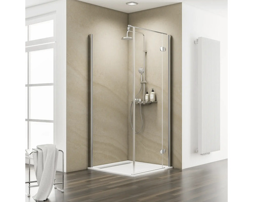 Drehtür mit Seitenwand Schulte ExpressPlus Masterclass 900x900x2000 mm Anschlag rechts Echtglas Klar hell chromoptik Wannenmontage mit schmutzabweisender Glasbeschichtung Duschkabine mit Duschsystem und Handtuchhalter in einem hellen Badezimmer.