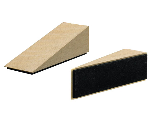 Zwei Türstopper aus Holz mit Antirutschbeschichtung