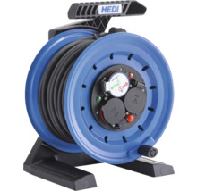 Blaue Kabeltrommel mit schwarzem Kabel und HEDI Logo
