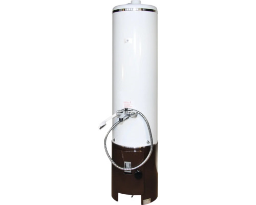 Badeofen 7,5 kW drucklos braun mit Mischbatterie und Oberofen 100 Liter weiß Warmwasserspeicher mit Duscharmatur für den Sanitärbereich