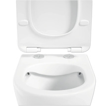 Nahaufnahme einer Toilette mit offenem Toilettendeckel