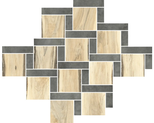 Feinsteinzeugmosaik Sherwood square maple 28x31 cm Muster aus hellen Holzdekorfliesen und dunklen Steindekorfliesen