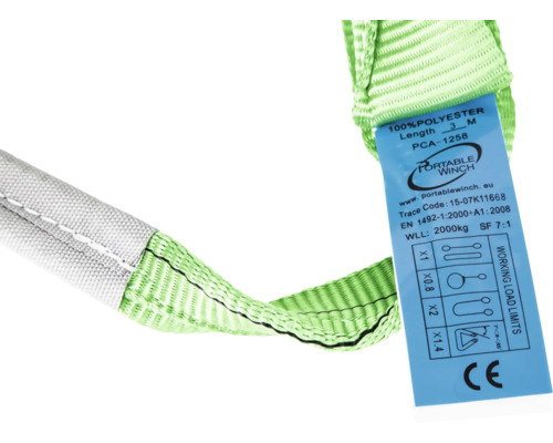 Polyester-Zugschlaufe mit Produktspezifikationen und Herstellerinformationen