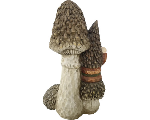 Gartenzwerg mit Pilz und Baum, gefertigt aus Kunststein