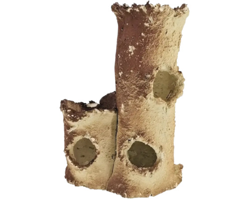 Aquariumdeko aquaroche Double Trunk handmodeliert, wasserneutral, leicht, porös, Keramik 10 x 6 cm creme braun Dekorationsobjekt in Baumstumpfoptik mit Öffnungen als Aquariendekoration