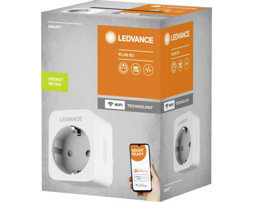 Ledvance Smart Plug EU Verpackung mit Produktabbildung und Smartphone-App-Symbolen