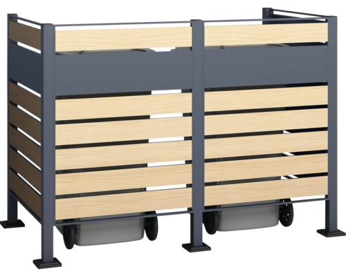 Doppelter Mülltonnenbox aus Metall und Holz mit Rädern