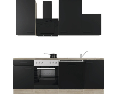 Komplette Küchenzeile mit Hängeschränken, Dunstabzugshaube, Spüle, Herd und Spülmaschine