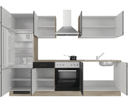 Küchenzeile mit Kühlschrank, Kochfeld, Spüle und Dunstabzugshaube