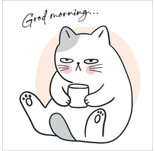 Illustration einer Katze mit Tasse und dem Schriftzug Guten Morgen