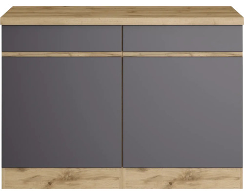 Grauer Unterschrank mit zwei Schubladen und zwei Türen