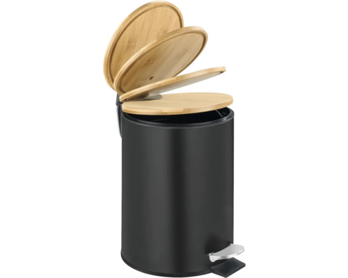 Schwarzer Treteimer mit Bambusdeckel
