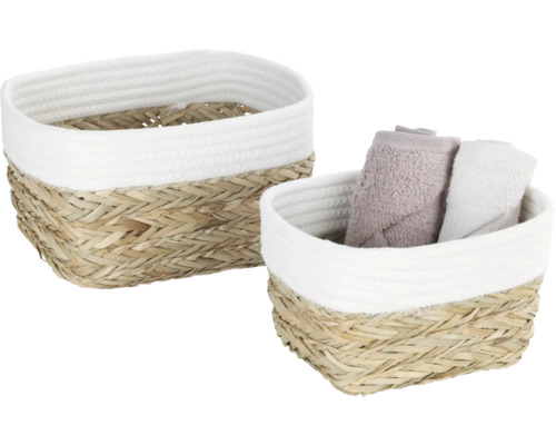 Zwei Dekokörbe aus Wasserhyazinthe mit Stoffeinsatz