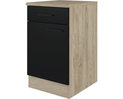 Unterschrank Flex Well Capri schwarz matt/Wildeiche 50x85x60 cm mit Drehtür Unterschrank mit Schublade und Tür