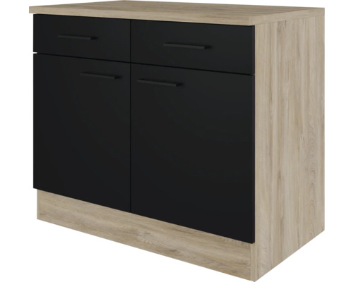 Unterschrank Flex Well Capri schwarz matt/Wildeiche 100x85x60 cm mit Drehtür Kommode mit zwei Schubladen und zwei Türen