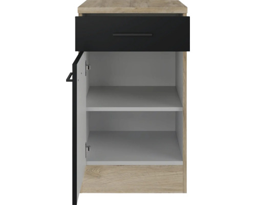 Unterschrank mit Schublade und offener Tür, Innenraum mit Regalböden