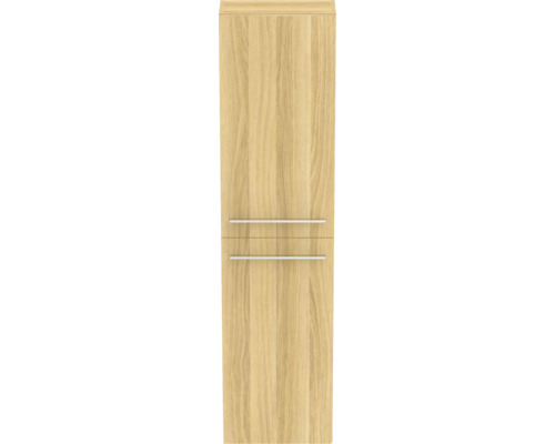 Holzfarbener Badezimmerschrank mit zwei Schubladen und Metallgriffen.