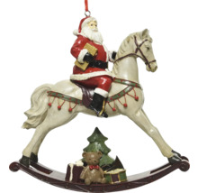 Weihnachtsbaumschmuck: Weihnachtsmann auf Schaukelpferd mit Teddy und Weihnachtsbaum