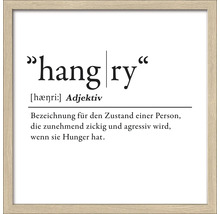 Gerahmtes Bild mit der Definition von Hangry als Adjektiv, das den Zustand einer Person beschreibt, die bei Hunger zunehmend zickig und aggressiv wird.